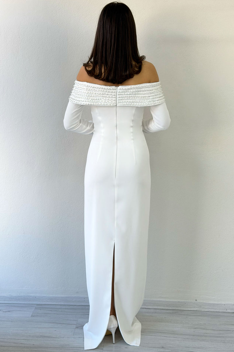 White Madonna Collar Beaded Long Sleeve Mermaid Wedding Dress