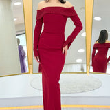 Red Madonna Collar Beaded Long Sleeve Mermaid Evening Dress