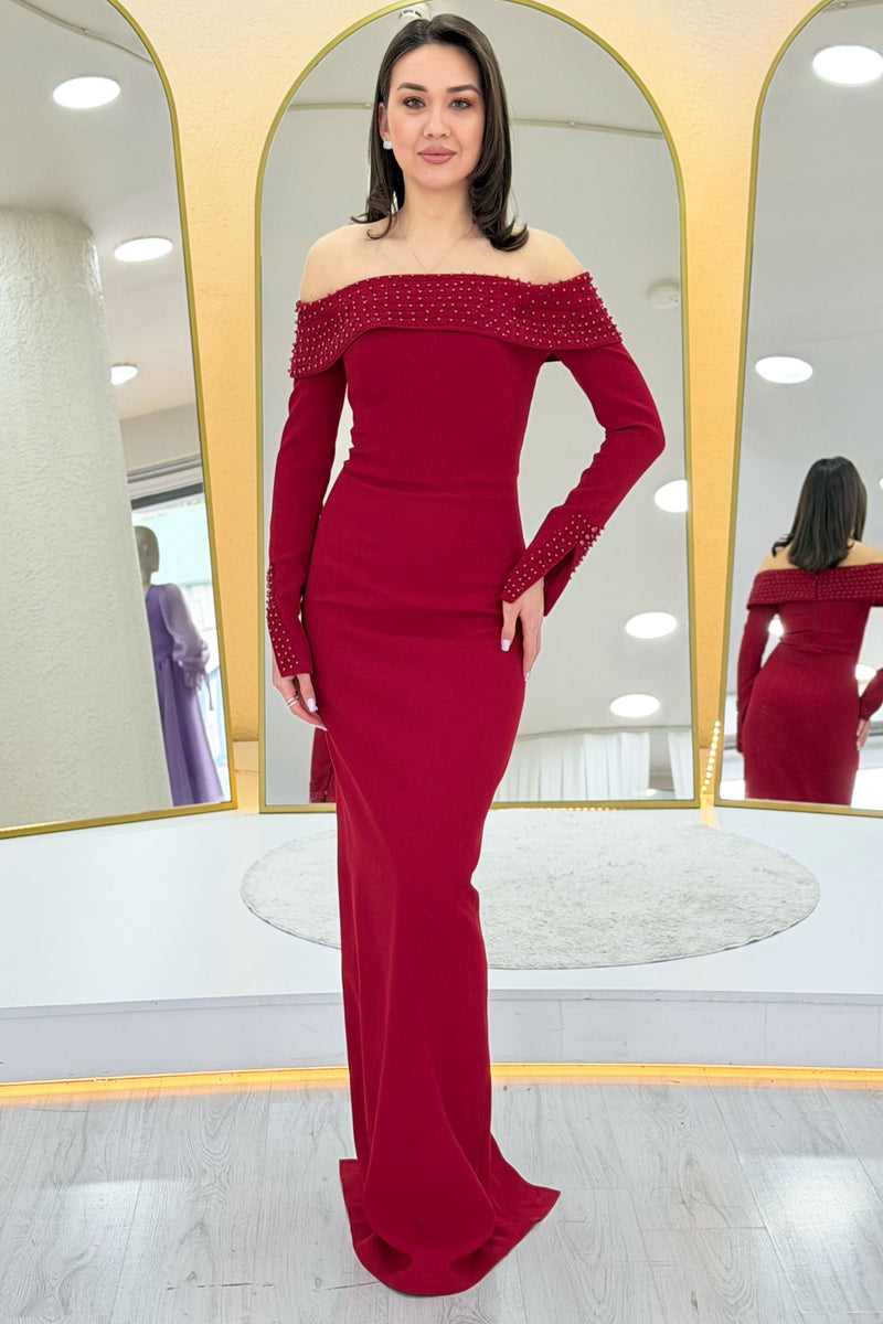 Red Madonna Collar Beaded Long Sleeve Mermaid Evening Dress