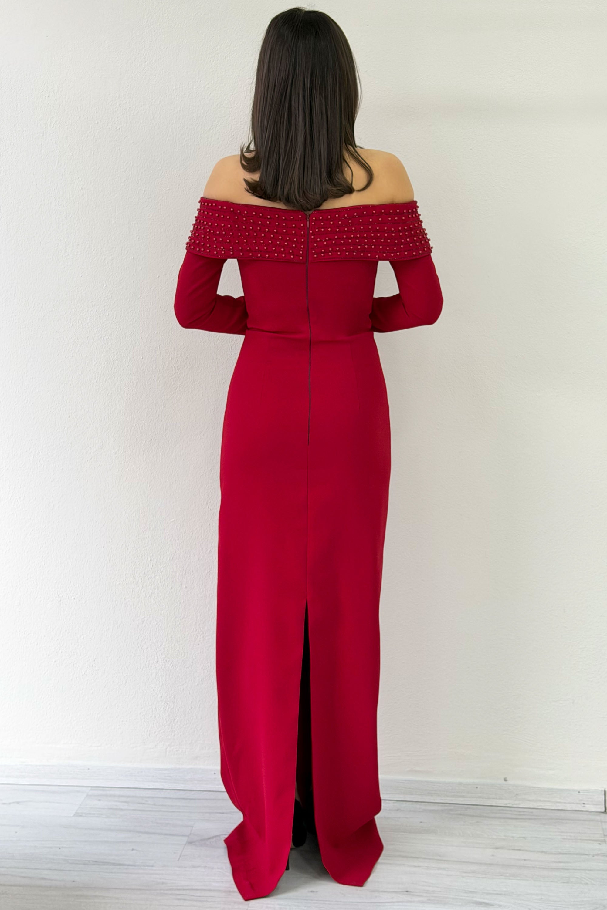 Red Madonna Collar Beaded Long Sleeve Mermaid Evening Dress