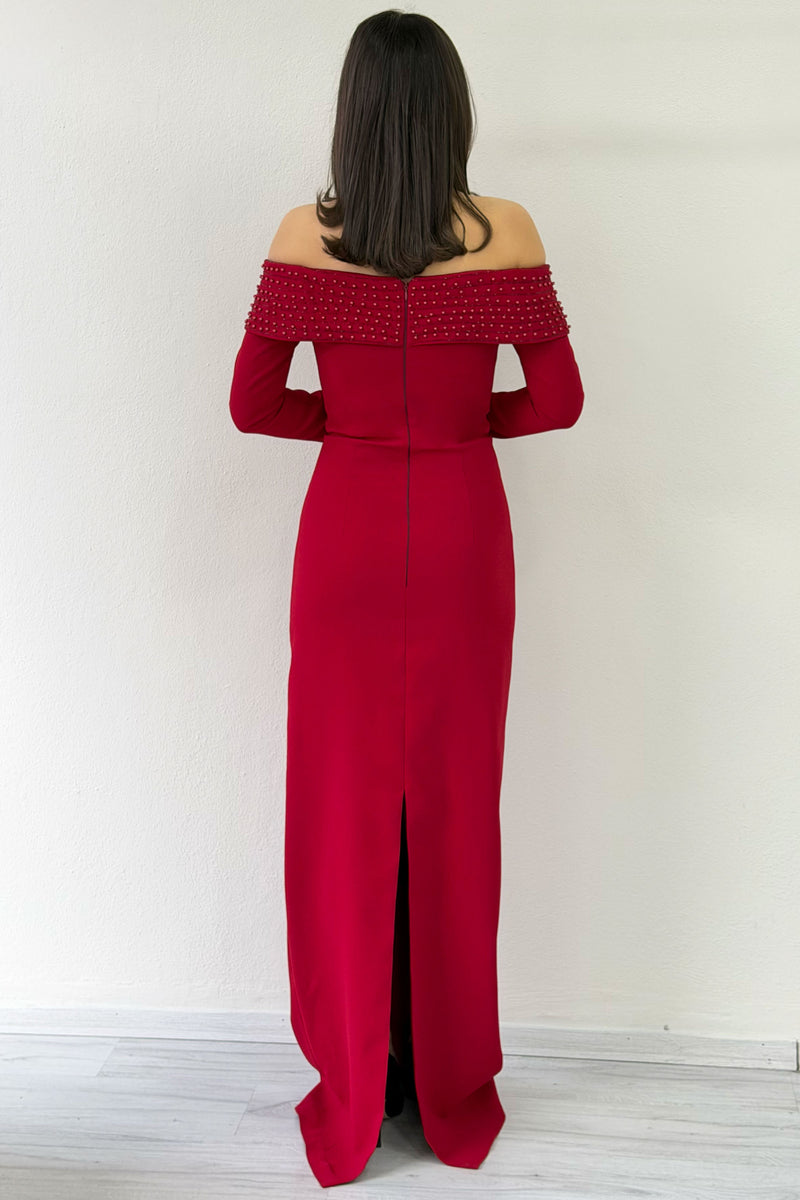 Red Madonna Collar Beaded Long Sleeve Mermaid Evening Dress