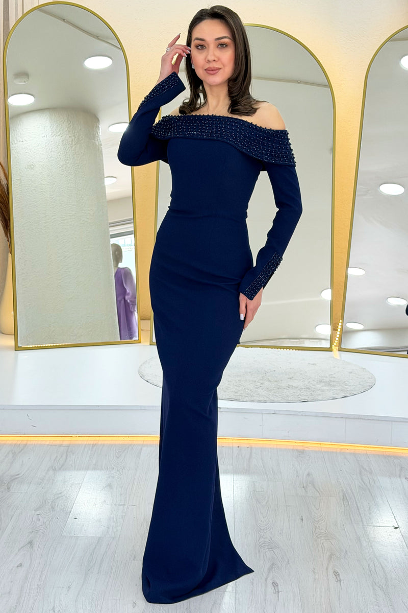 Navy Blue Madonna Collar Beaded Long Sleeve Mermaid Evening Dress