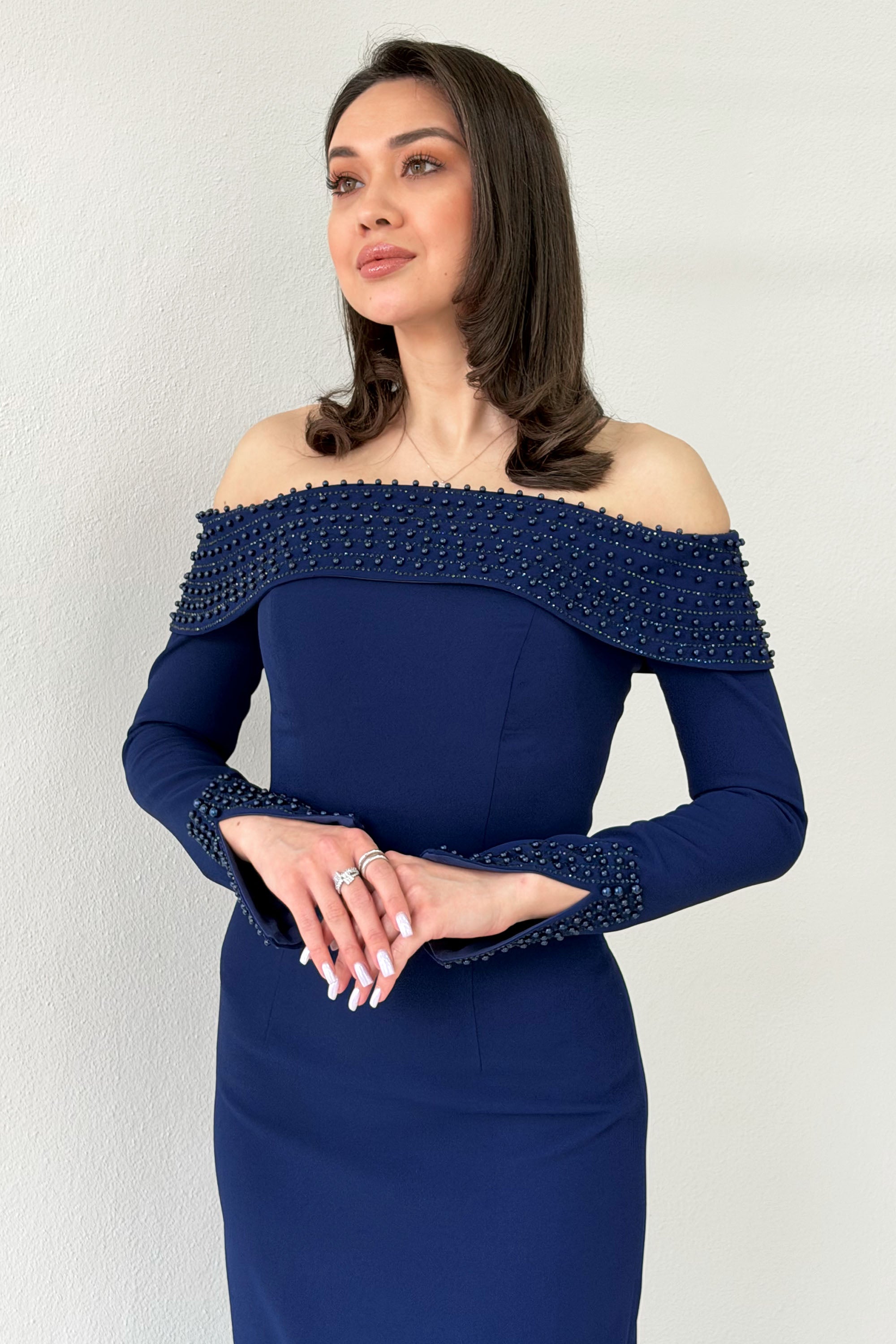 Navy Blue Madonna Collar Beaded Long Sleeve Mermaid Evening Dress