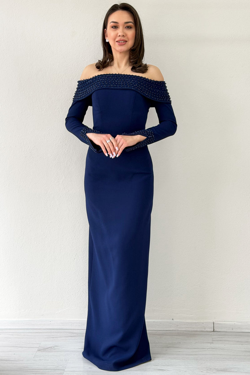 Navy Blue Madonna Collar Beaded Long Sleeve Mermaid Evening Dress