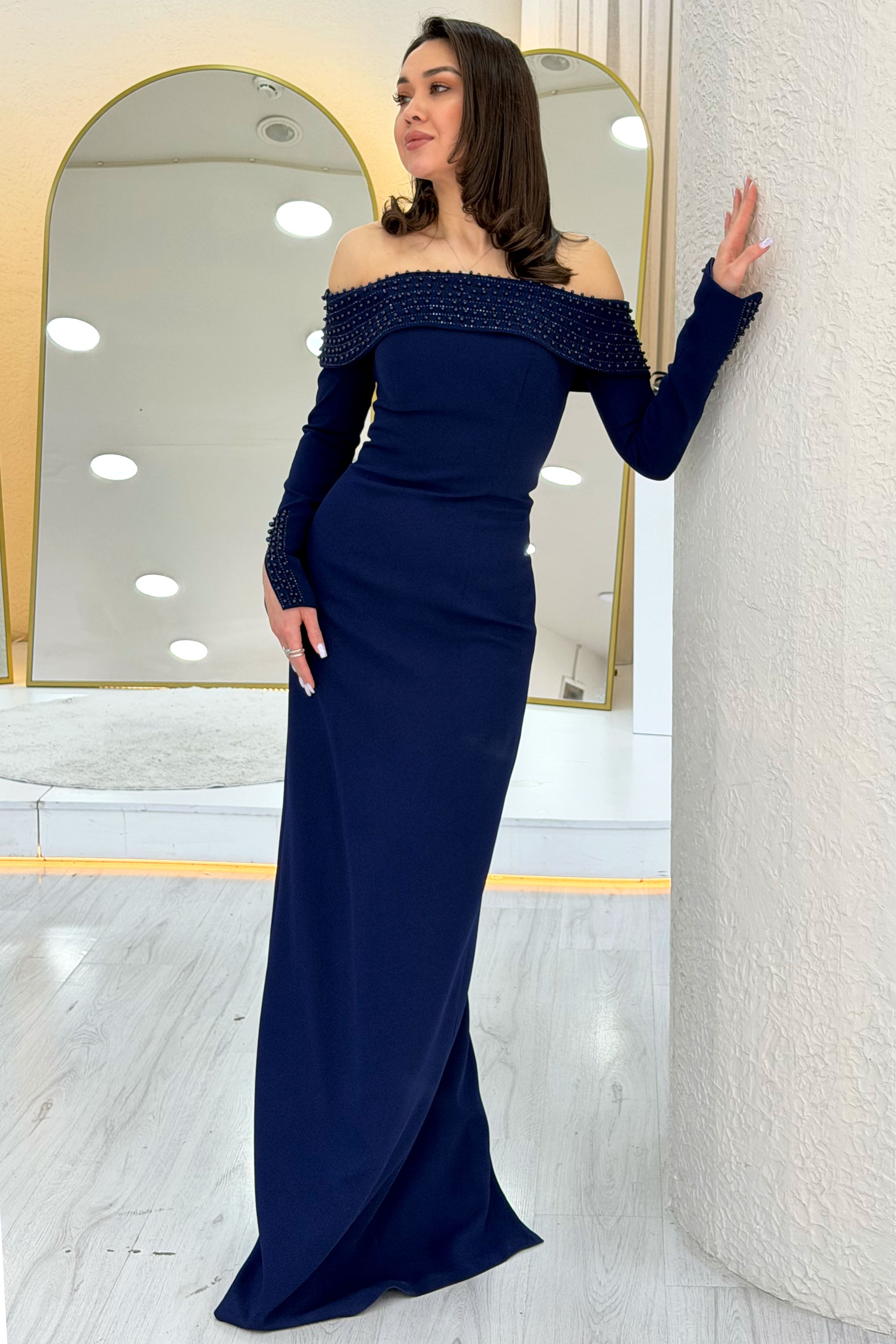 Navy Blue Madonna Collar Beaded Long Sleeve Mermaid Evening Dress