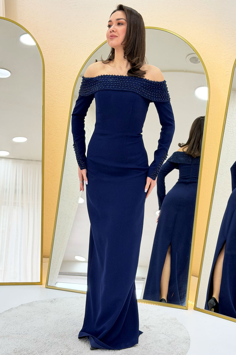 Navy Blue Madonna Collar Beaded Long Sleeve Mermaid Evening Dress