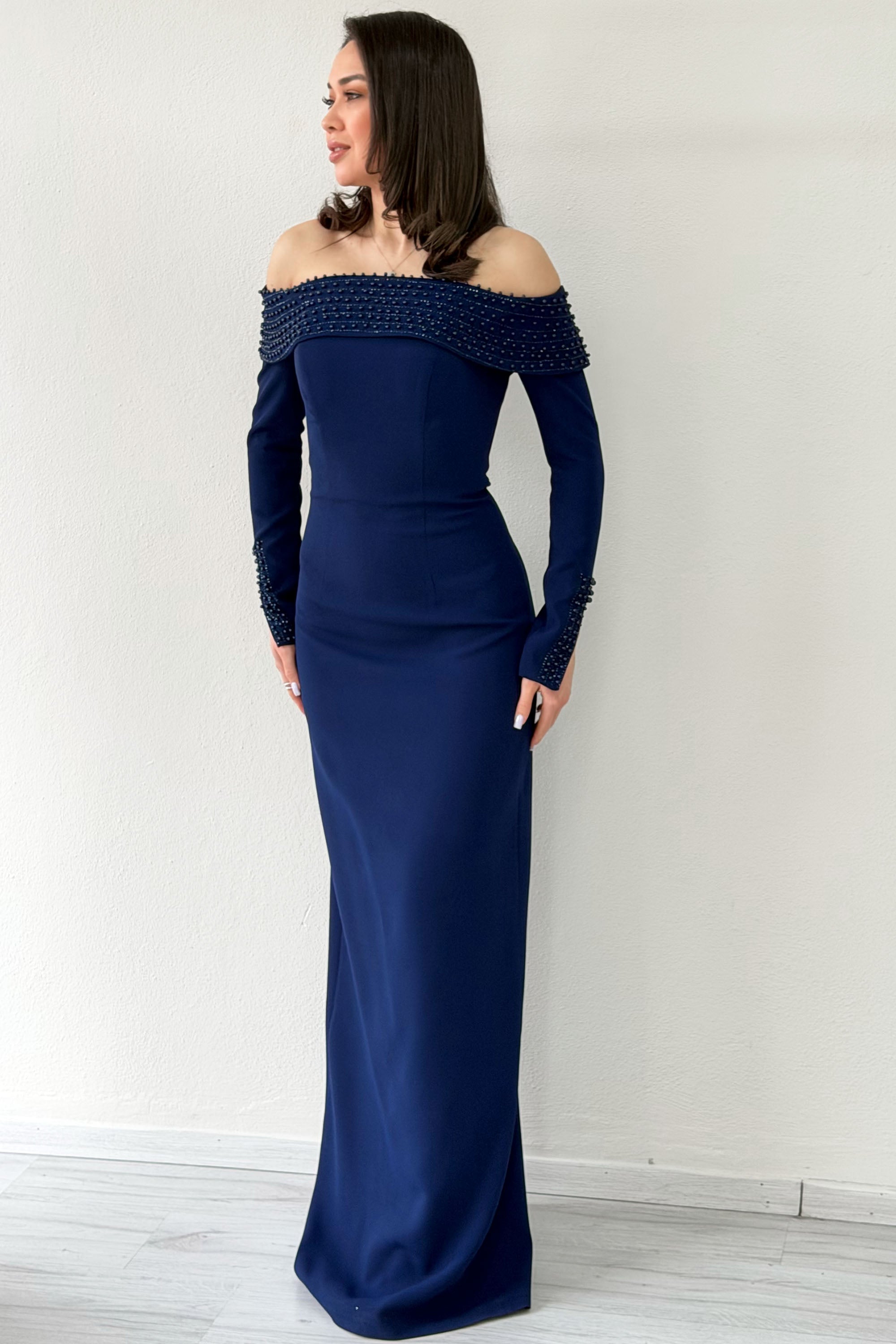 Navy Blue Madonna Collar Beaded Long Sleeve Mermaid Evening Dress