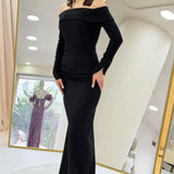 Black Madonna Collar Beaded Long Sleeve Mermaid Dress