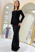 Black Madonna Collar Beaded Long Sleeve Mermaid Dress