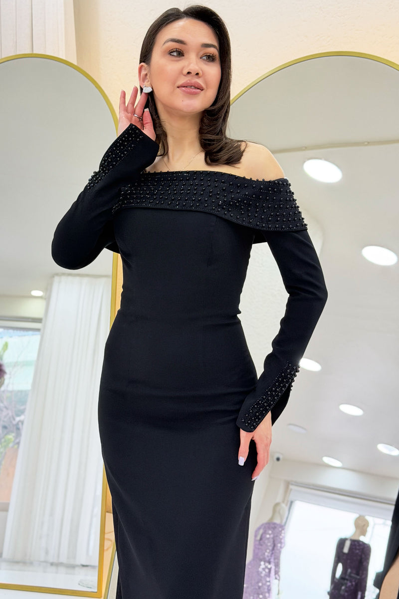 Black Madonna Collar Beaded Long Sleeve Mermaid Dress