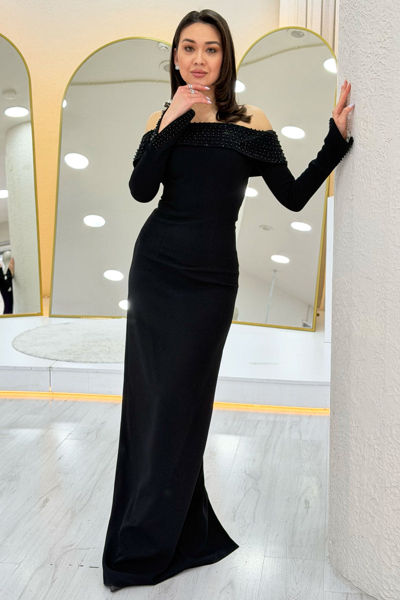 Black Madonna Collar Beaded Long Sleeve Mermaid Dress