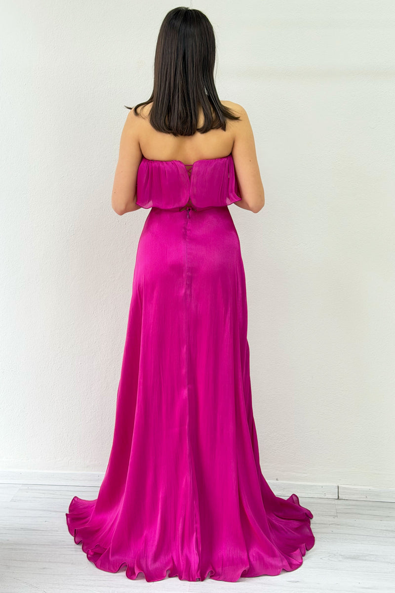 Fuchsia Strapless Double Slit Ruffled Evening Dress