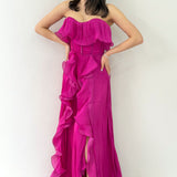 Fuchsia Strapless Double Slit Ruffled Evening Dress