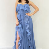 Indigo Strapless Double Slit Ruffled Evening Dress