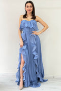 Indigo Strapless Double Slit Ruffled Evening Dress