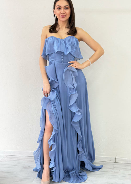 Indigo Strapless Double Slit Ruffled Evening Dress