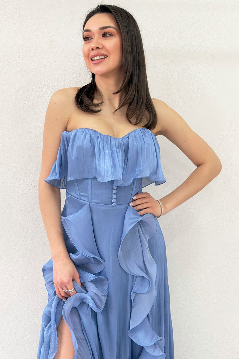 Indigo Strapless Double Slit Ruffled Evening Dress