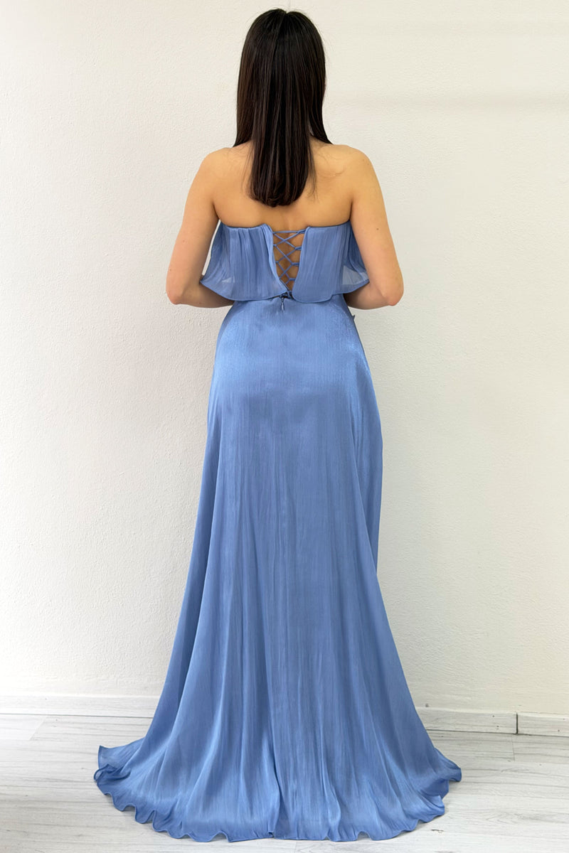 Indigo Strapless Double Slit Ruffled Evening Dress