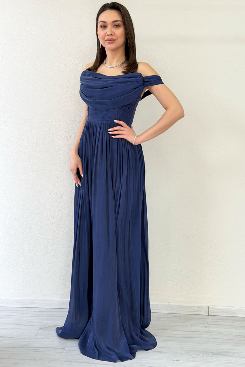 Navy Blue Low-Shouldered Drape Long Evening Dress