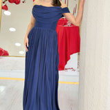 Navy Blue Low-Shouldered Drape Long Evening Dress