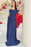 Navy Blue Low-Shouldered Drape Long Evening Dress