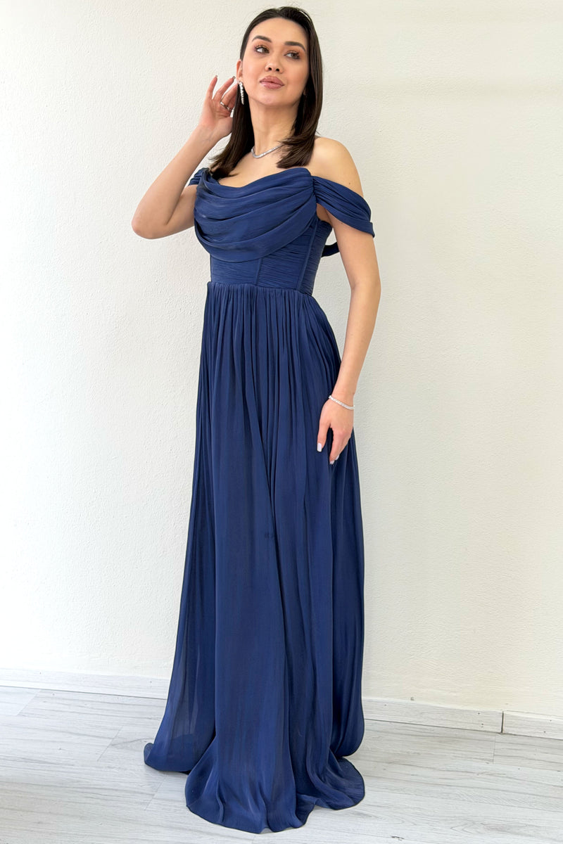 Navy Blue Low-Shouldered Drape Long Evening Dress