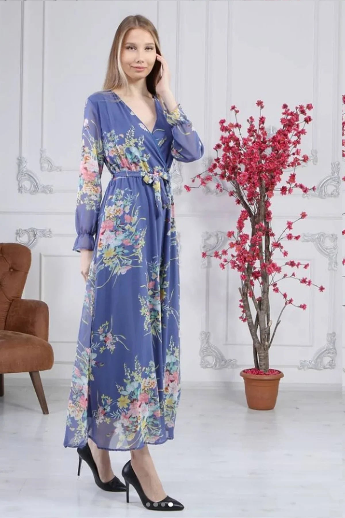 Women's Blue Floral Wrap Neck Chiffon Dress