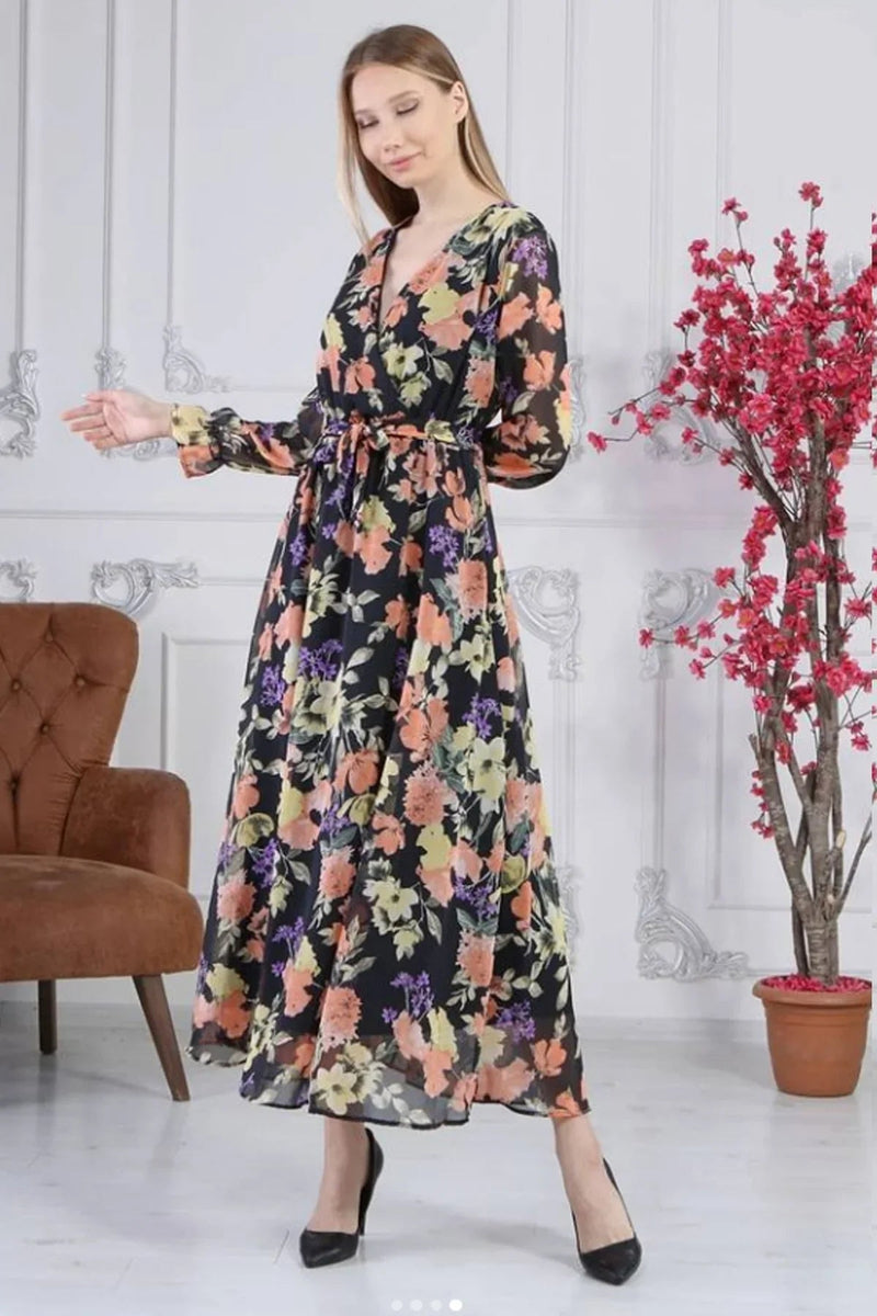 Women's Black Renkli Floral Wrap Neck Chiffon Dress