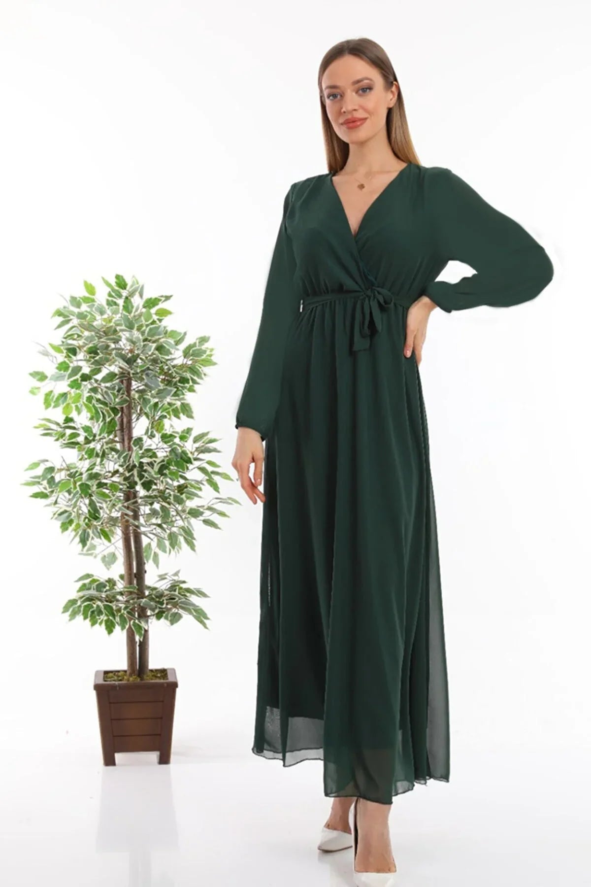 Women's Green Tesettür Lined Plus Size Chiffon Dress