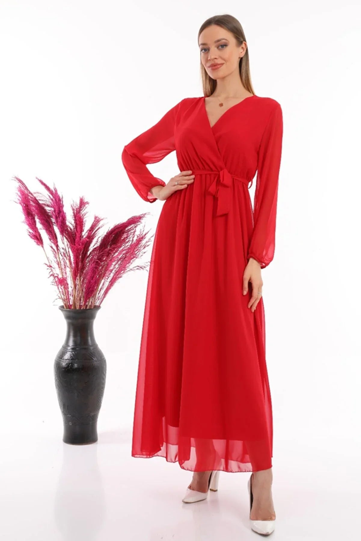 Women's Red Wrap Neck Belted Plus Size Chiffon Maxi Dress
