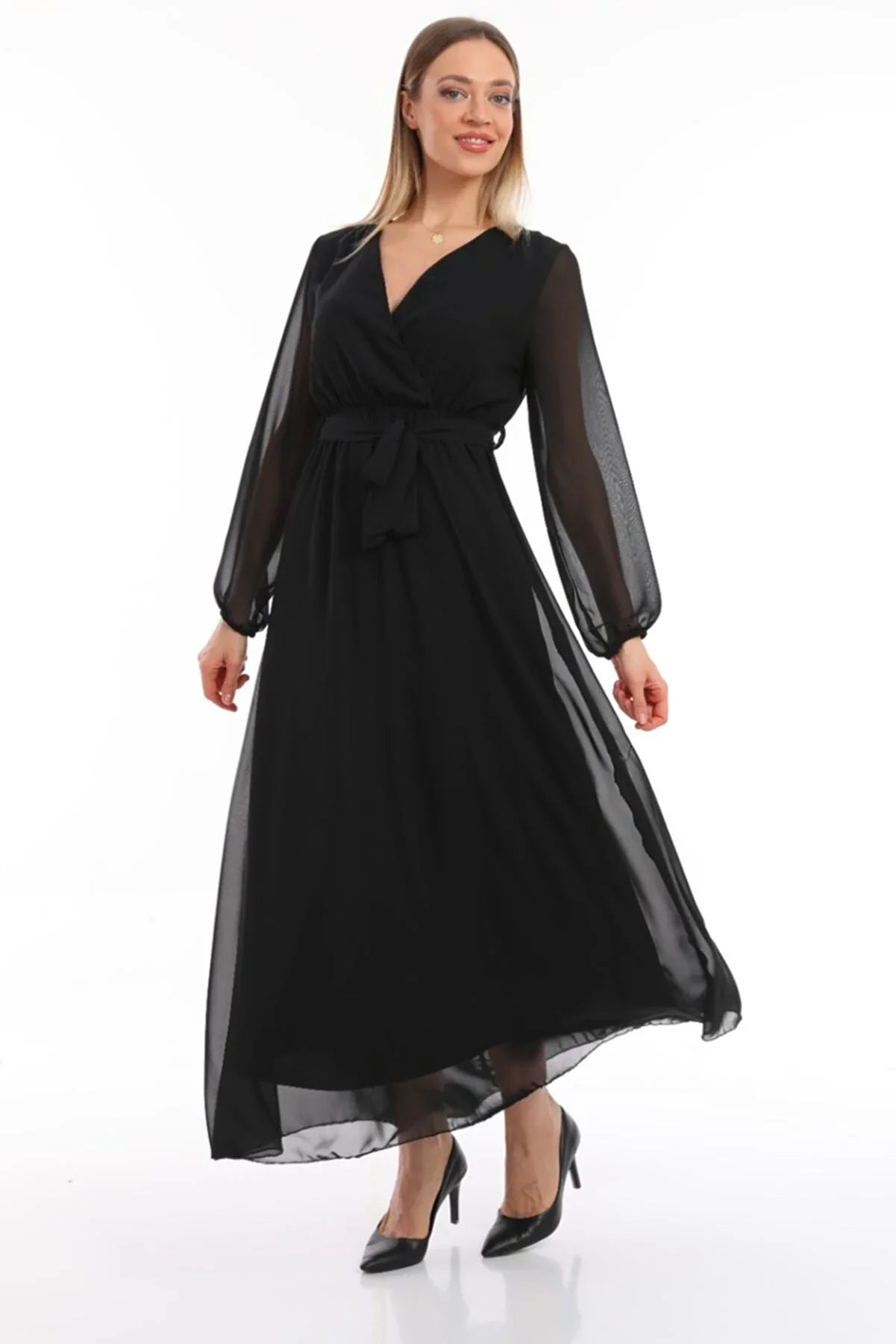 Women's Black Wrap Neck Belted Plus Size Chiffon Maxi Dress