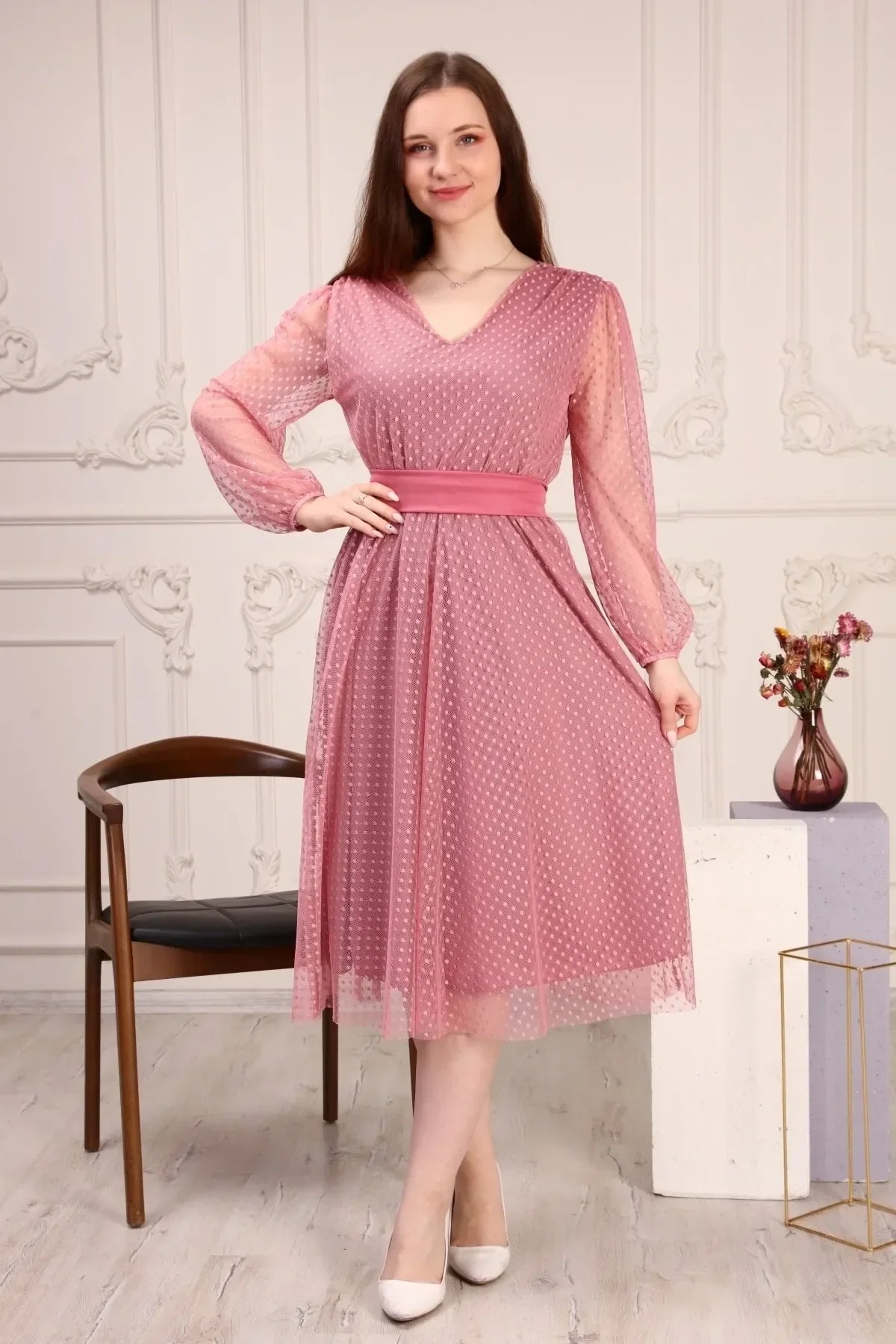 Women's Powder Pink Puantiyeli Belted Tütü Plus Size Dress