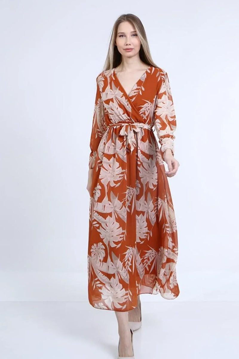 Women's Orange Yaprak Wrap Neck Chiffon Dress