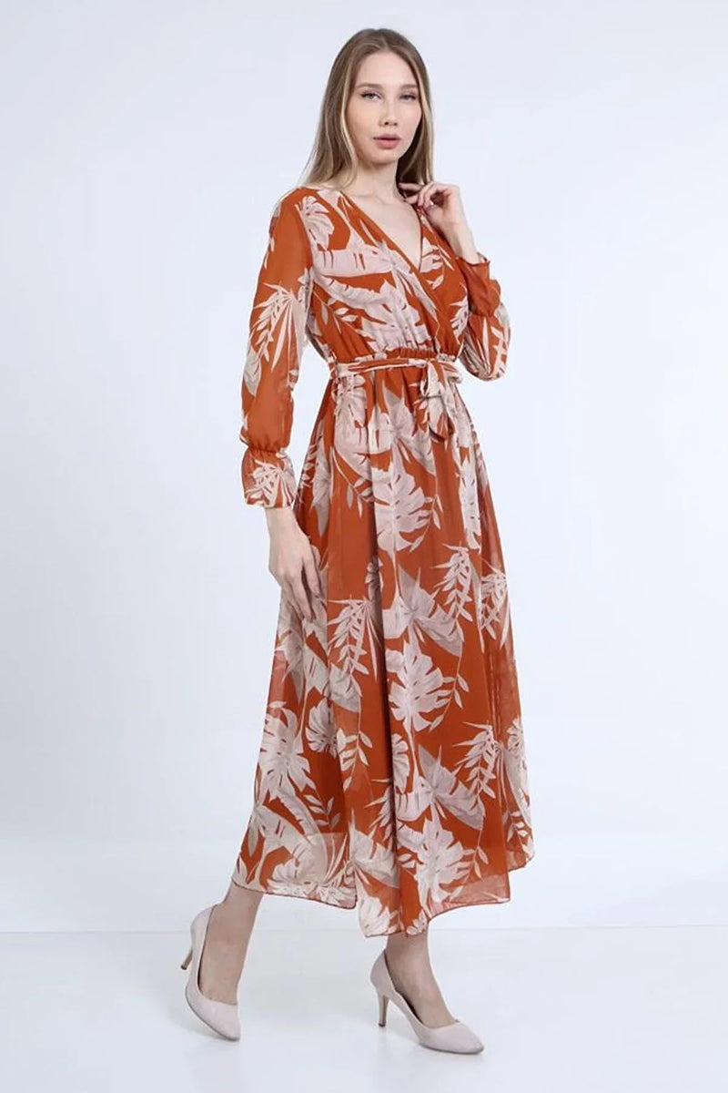 Women's Orange Yaprak Wrap Neck Chiffon Dress