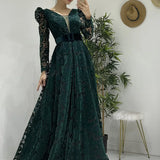 Emerald Green Flock Print Maxi Evening Dress