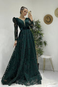 Emerald Green Flock Print Maxi Evening Dress