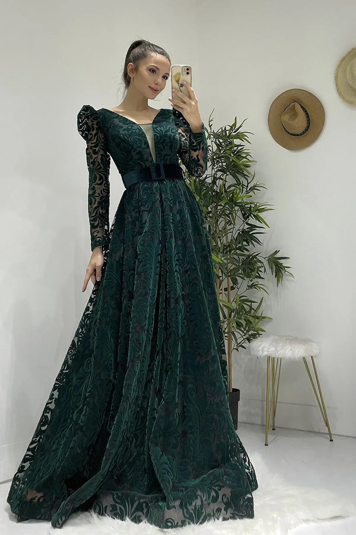 Women's Emerald Green Flocked Print Belted Plus Size Evening Gown