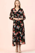 Black Floral Midi Chiffon Dress