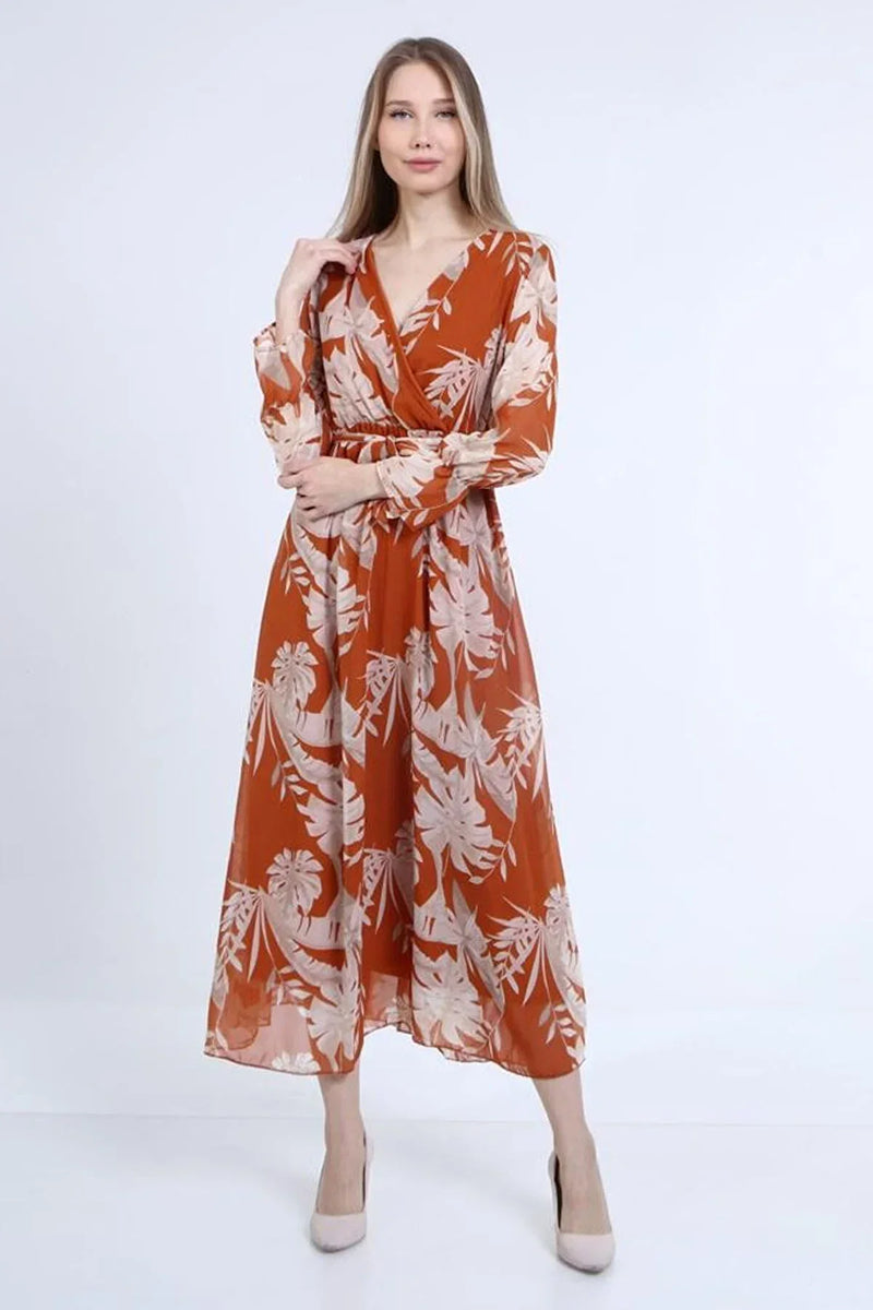 Women's Orange Yaprak Wrap Neck Chiffon Dress