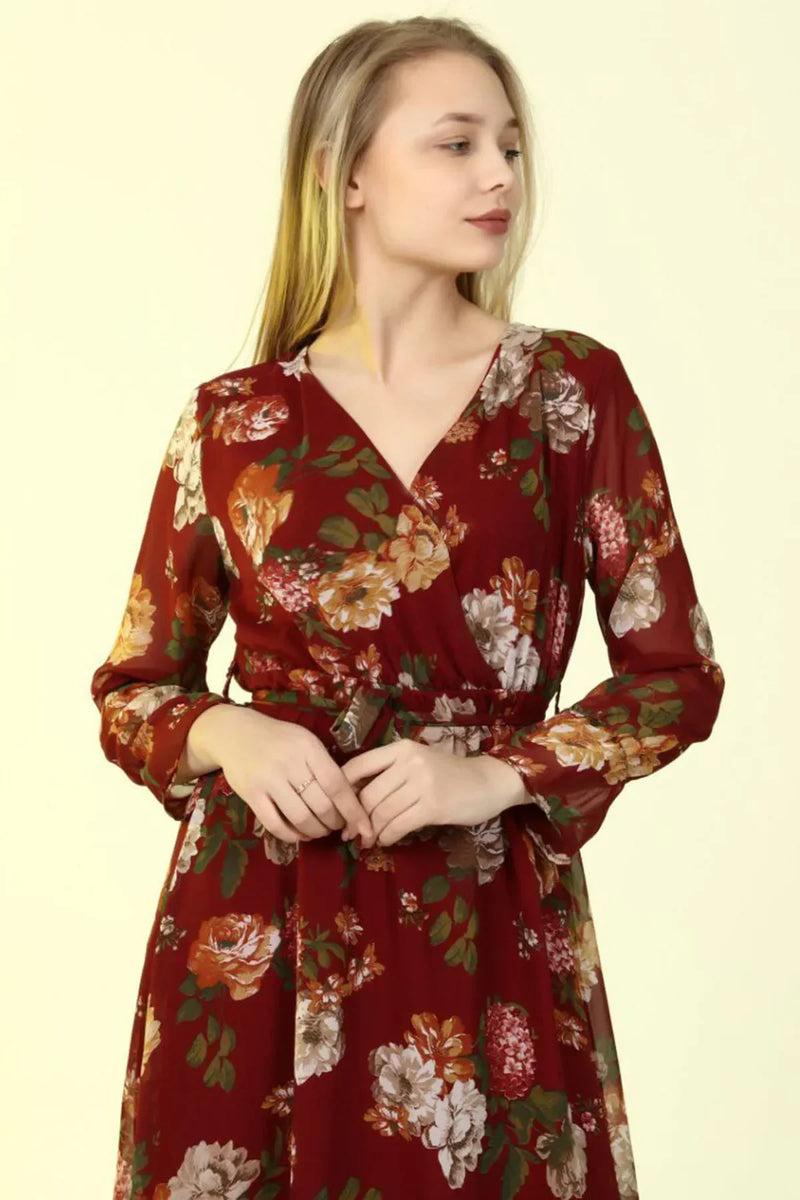 Women's Burgundy Floral Wrap Neck Chiffon Plus Size Dress