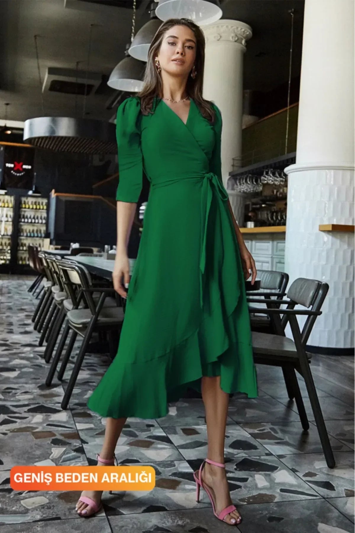 Women's Green Karpuz Sleeve Wrap Crepe Belted Plus Size Ruffled Dress