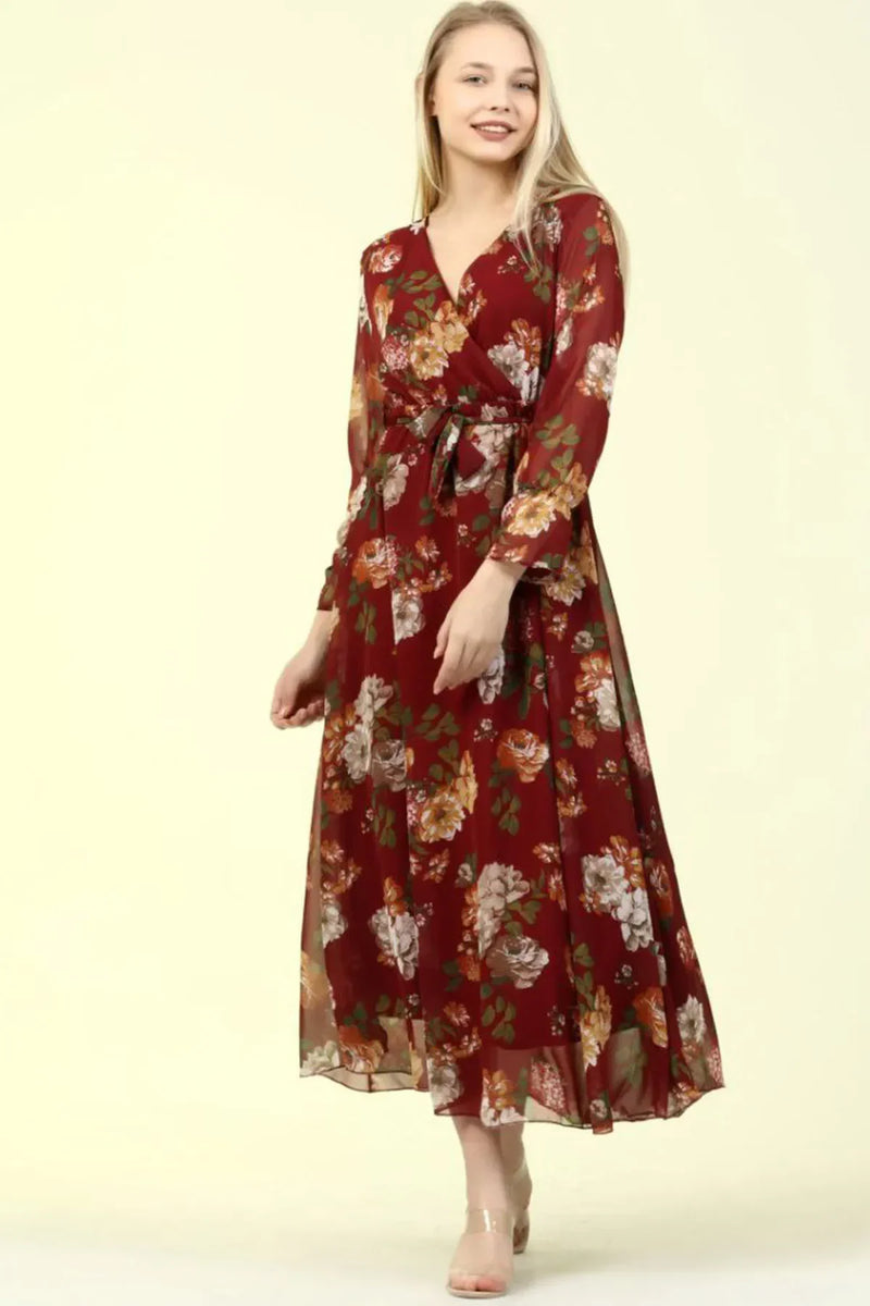 Women's Burgundy Floral Wrap Neck Chiffon Plus Size Dress