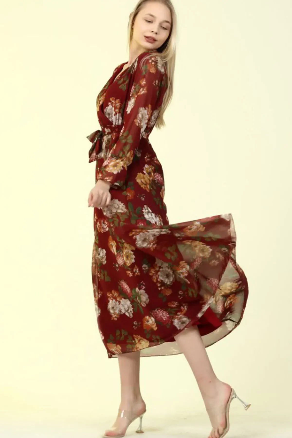 Women's Burgundy Floral Wrap Neck Chiffon Plus Size Dress