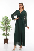 Emerald Green Cross-Over Neck Midi Length Chiffon Dress