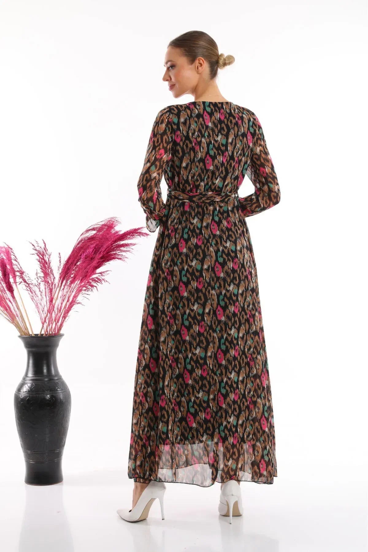 Women's Black Şal Desen Wrap Neck Chiffon Dress