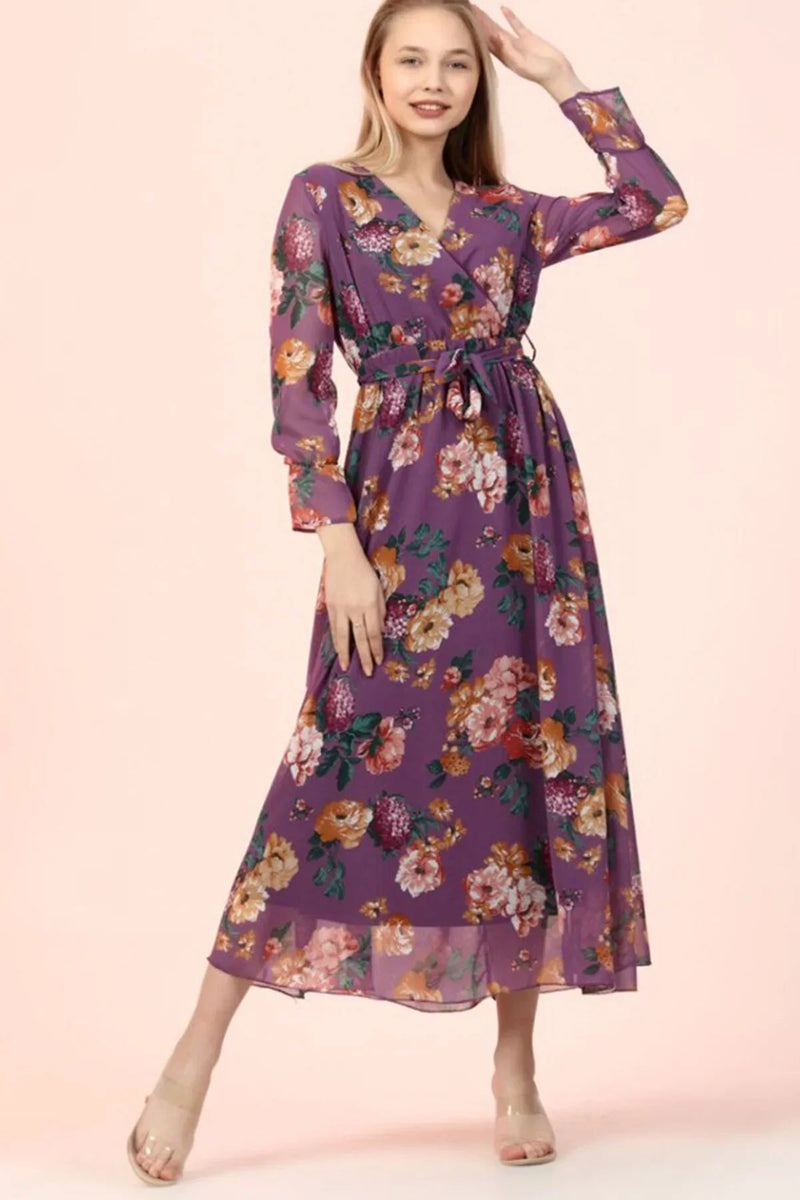 Women's Purple Floral Wrap Neck Chiffon Plus Size Dress