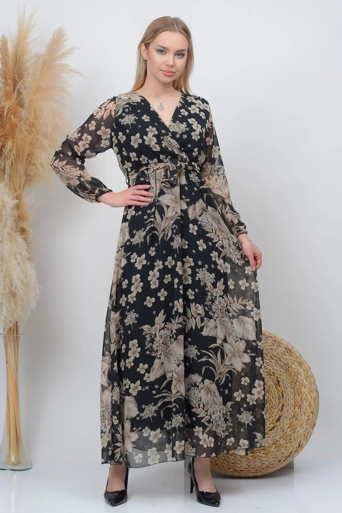 Women's Black Floral Wrap Neck Chiffon Dress