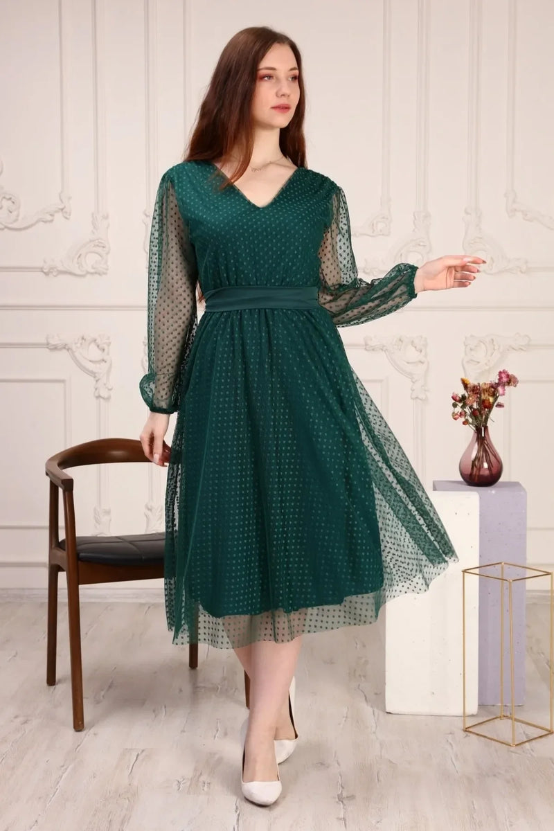 Women's Emerald Green Puantiyeli Belted Tütü Plus Size Dress