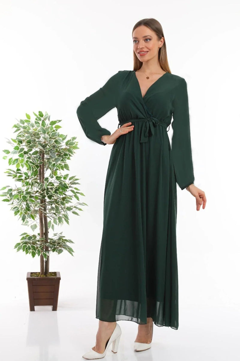 Women's Green Tesettür Lined Plus Size Chiffon Dress