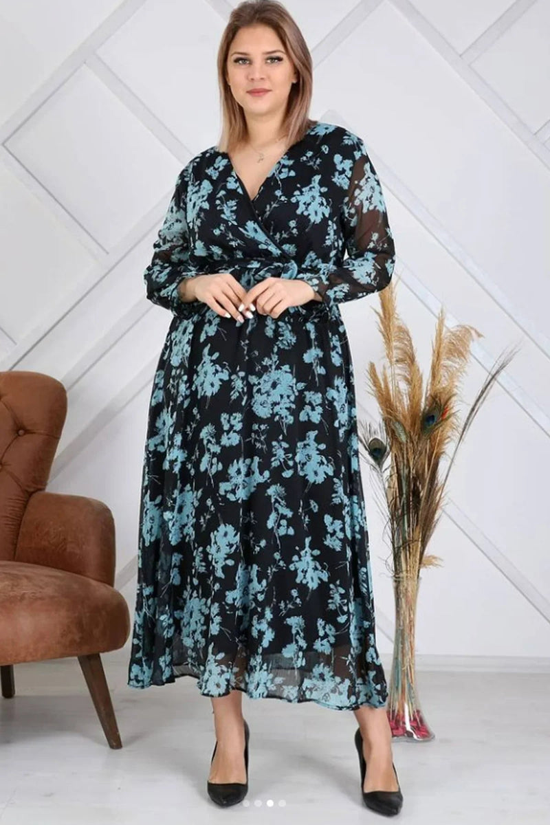 Women's Black Floral Wrap Neck Chiffon Plus Size Dress